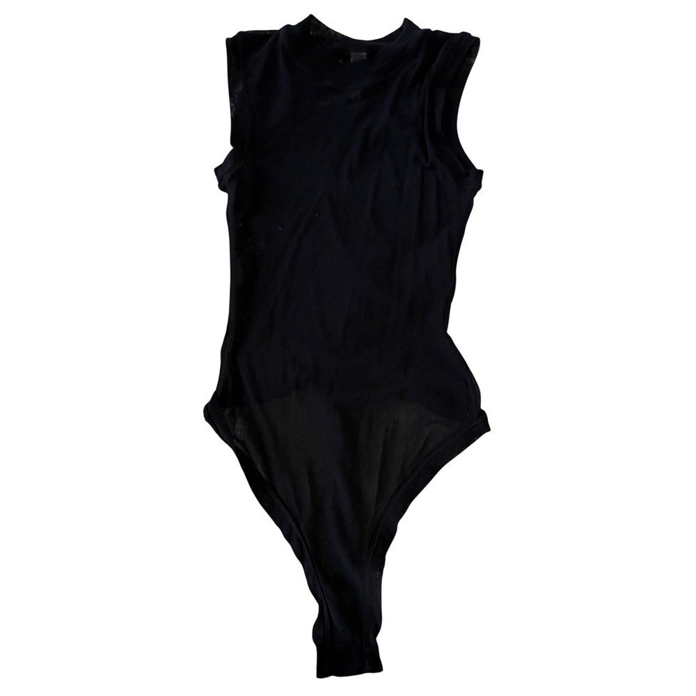 SKIMS Essential Crew Neck Thong Bodysuit XS Onyx Black Sleeveless Seamless - Picture 2 of 4